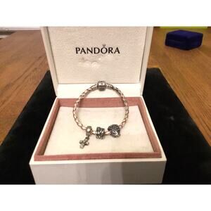 Pandora braided leather Bracelet w/3 ALE 925 charms Hedgehog,Cross,Bead In Box